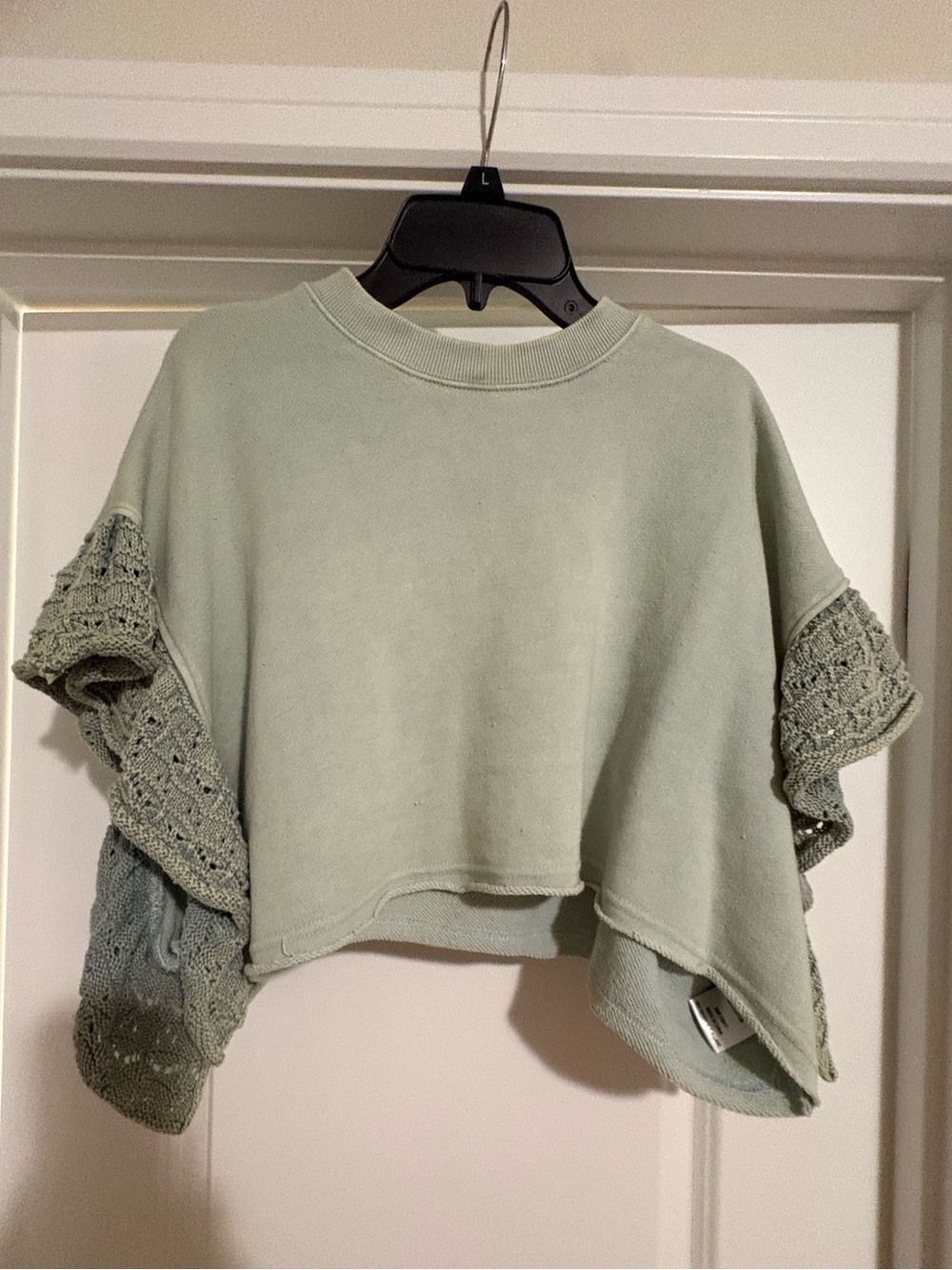 Altar'd State Sage Green Cropped Sweatshirt with Lace Sleeves